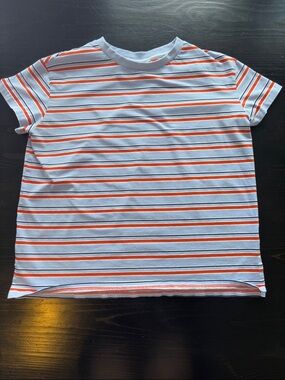 Striped Short-Sleeve Women’s Tee in White, Orange, & Blue